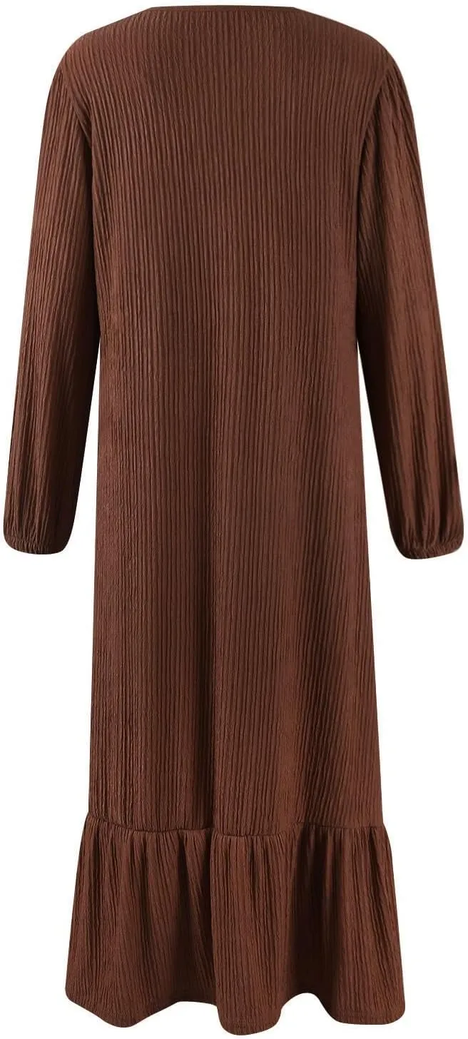 Women's Long Sleeve Dresses Fall Casual Retro Vintage Maxi Dress Elegant Round Neck Wedding Guest Long Dresses