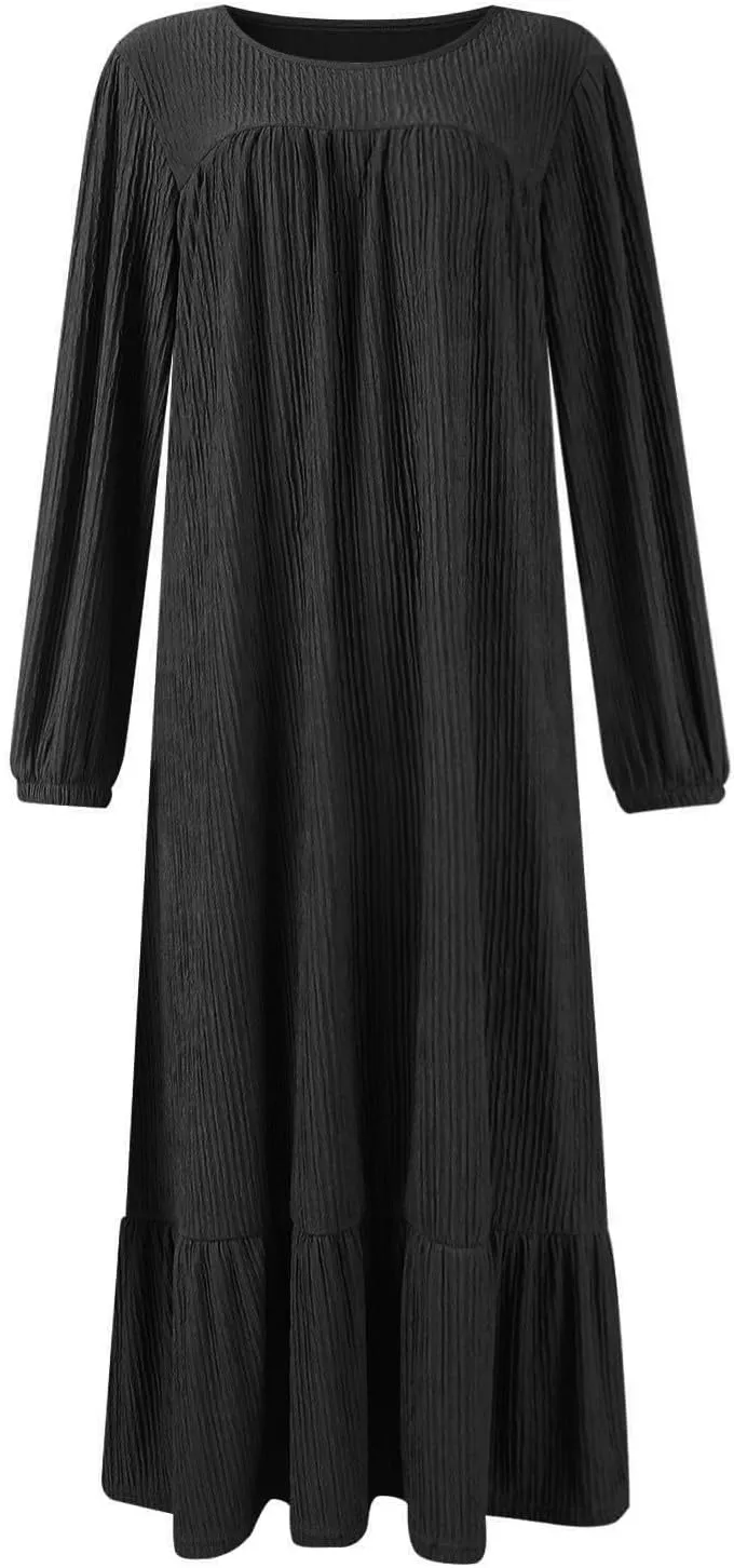 Women's Long Sleeve Dresses Fall Casual Retro Vintage Maxi Dress Elegant Round Neck Wedding Guest Long Dresses