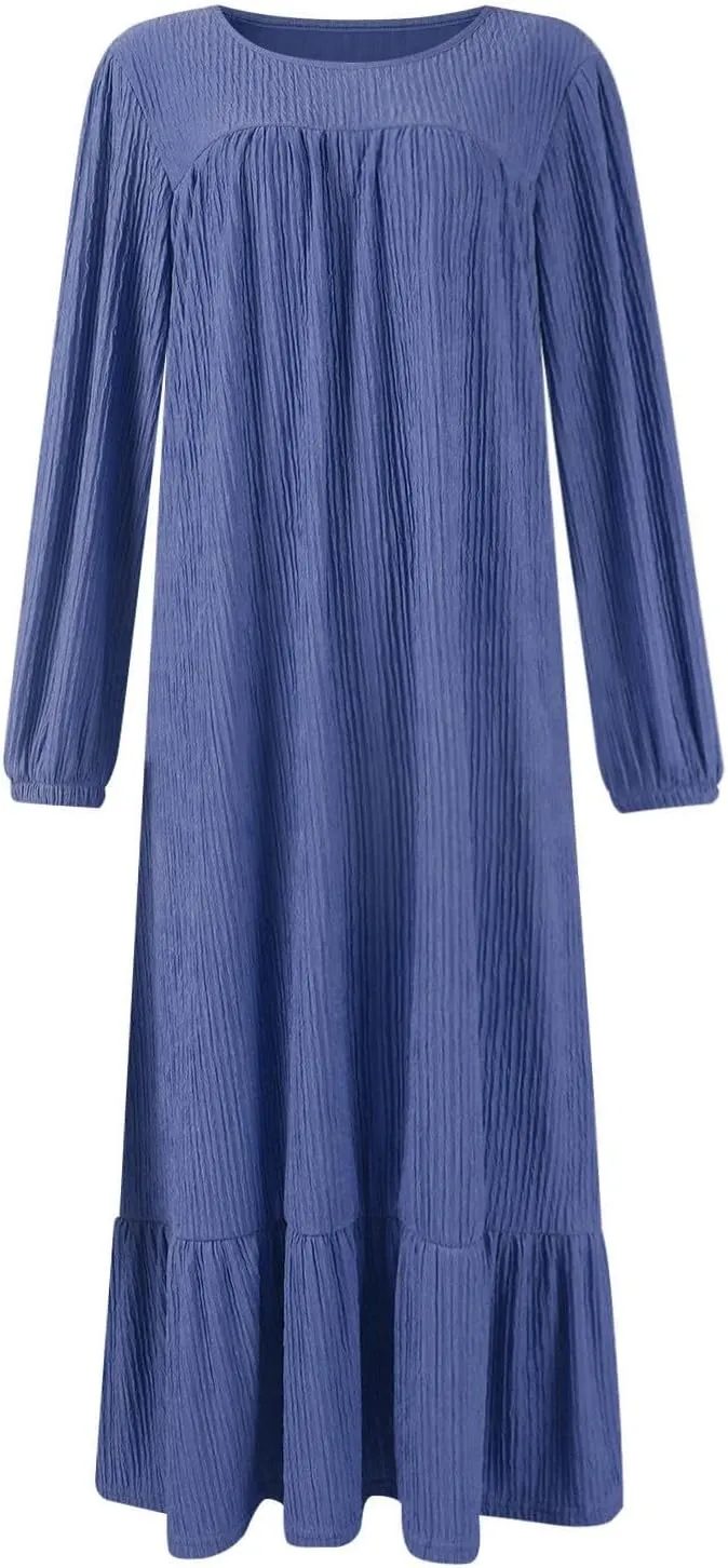 Women's Long Sleeve Dresses Fall Casual Retro Vintage Maxi Dress Elegant Round Neck Wedding Guest Long Dresses