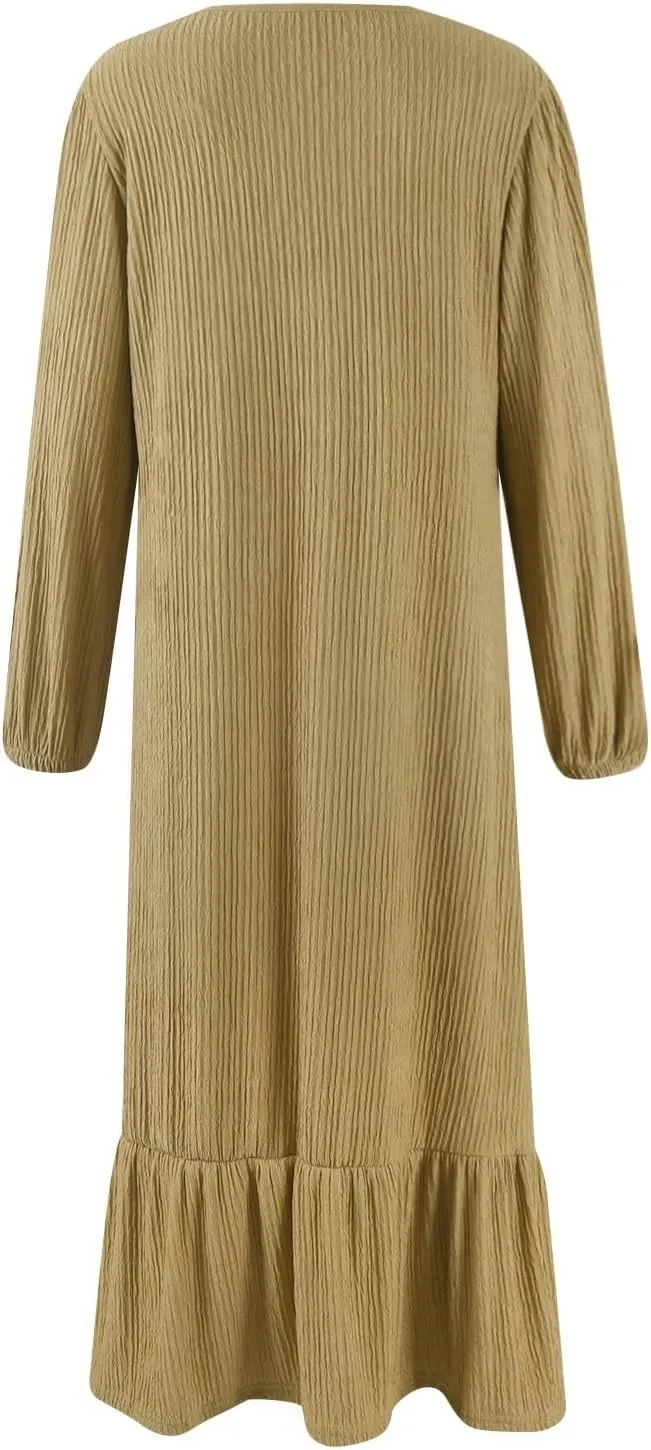 Women's Long Sleeve Dresses Fall Casual Retro Vintage Maxi Dress Elegant Round Neck Wedding Guest Long Dresses