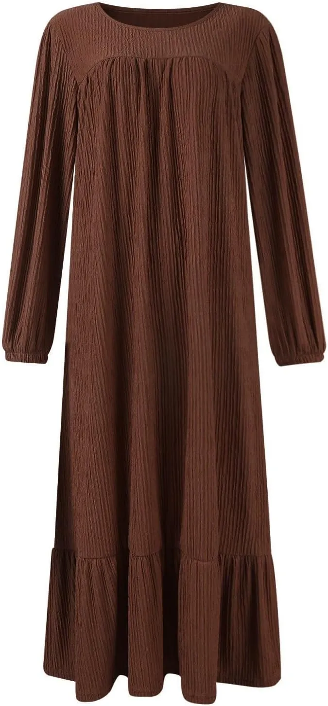 Women's Long Sleeve Dresses Fall Casual Retro Vintage Maxi Dress Elegant Round Neck Wedding Guest Long Dresses