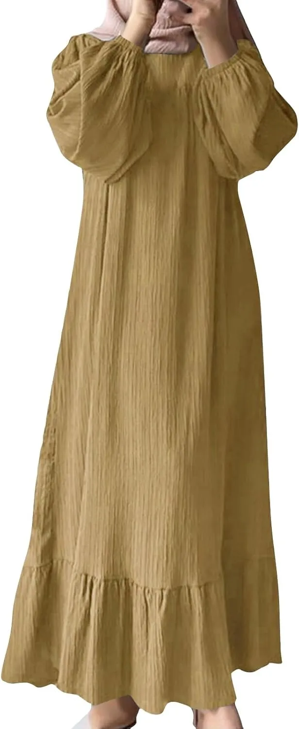 Women's Long Sleeve Dresses Fall Casual Retro Vintage Maxi Dress Elegant Round Neck Wedding Guest Long Dresses