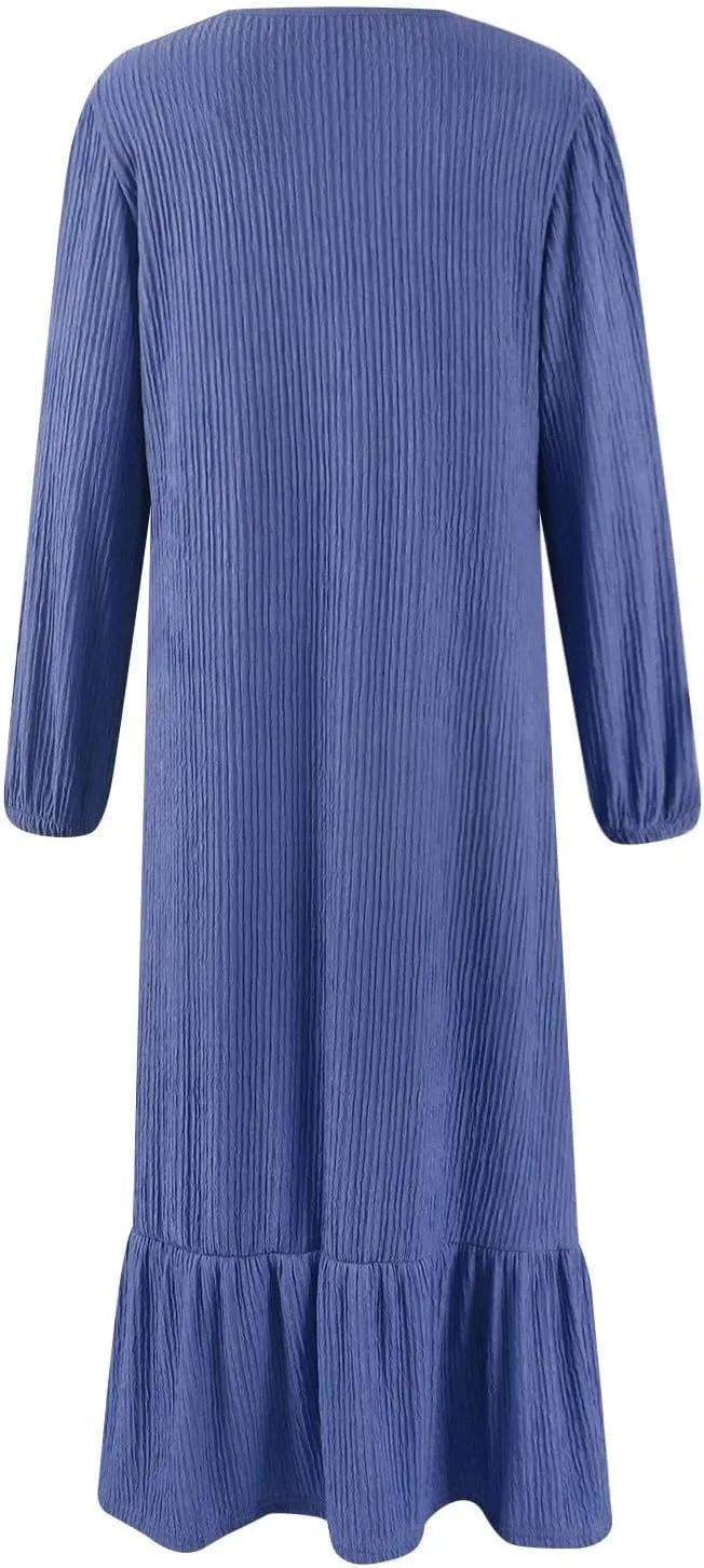 Women's Long Sleeve Dresses Fall Casual Retro Vintage Maxi Dress Elegant Round Neck Wedding Guest Long Dresses