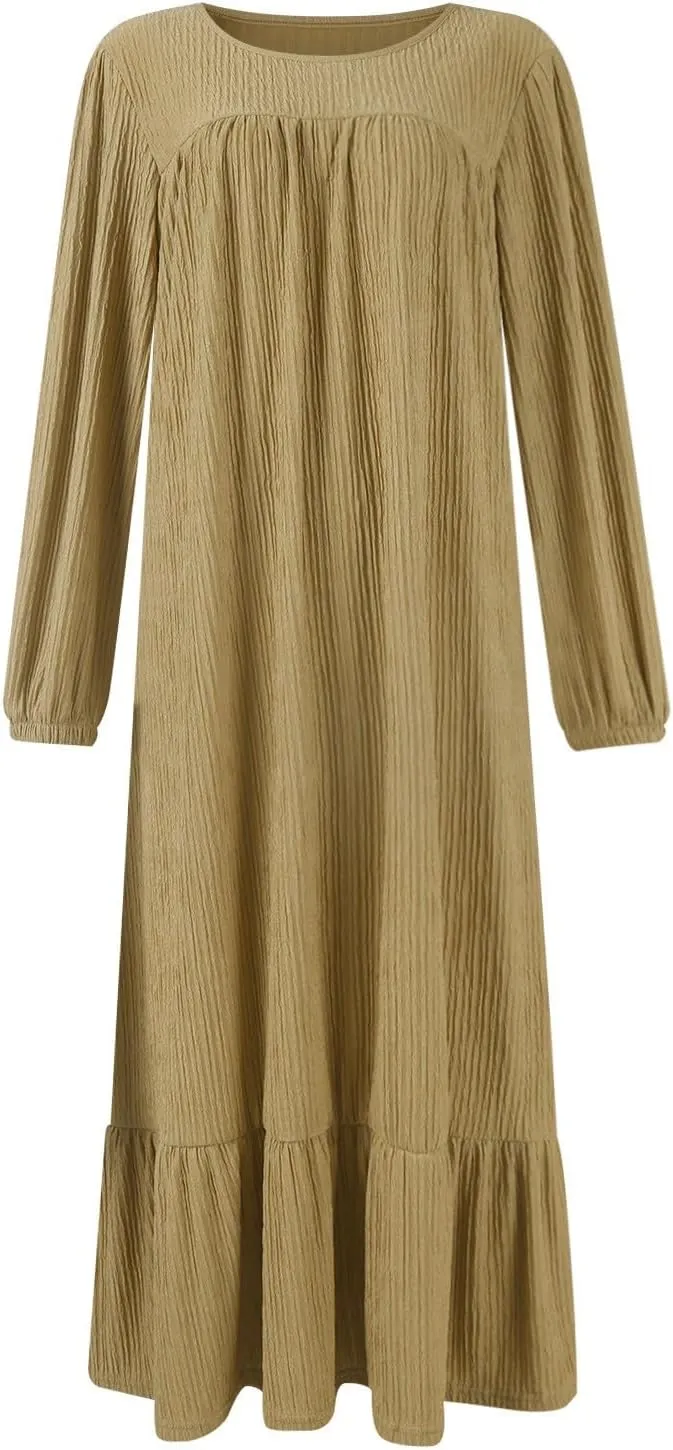 Women's Long Sleeve Dresses Fall Casual Retro Vintage Maxi Dress Elegant Round Neck Wedding Guest Long Dresses