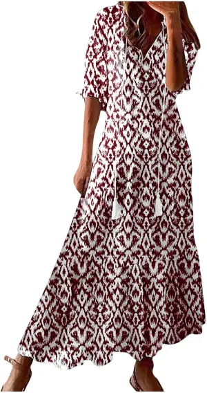 Womens Maxi Dress Summer Boho Floral V Neck Short Sleeve Tassel Flowy Dress Casual Flowy A Line Beach Long Dresses