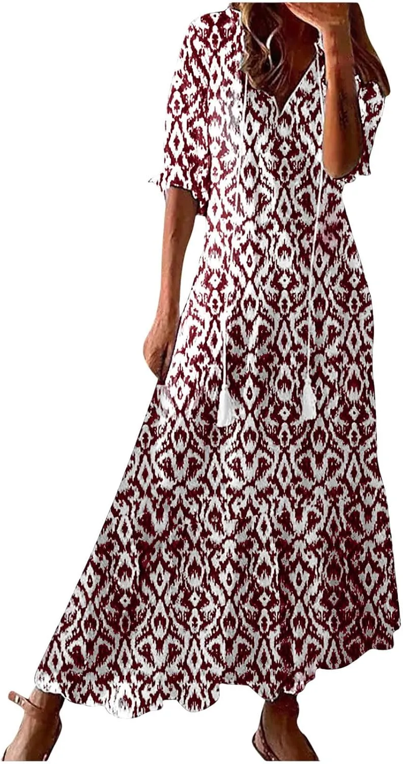 Womens Maxi Dress Summer Boho Floral V Neck Short Sleeve Tassel Flowy Dress Casual Flowy A Line Beach Long Dresses