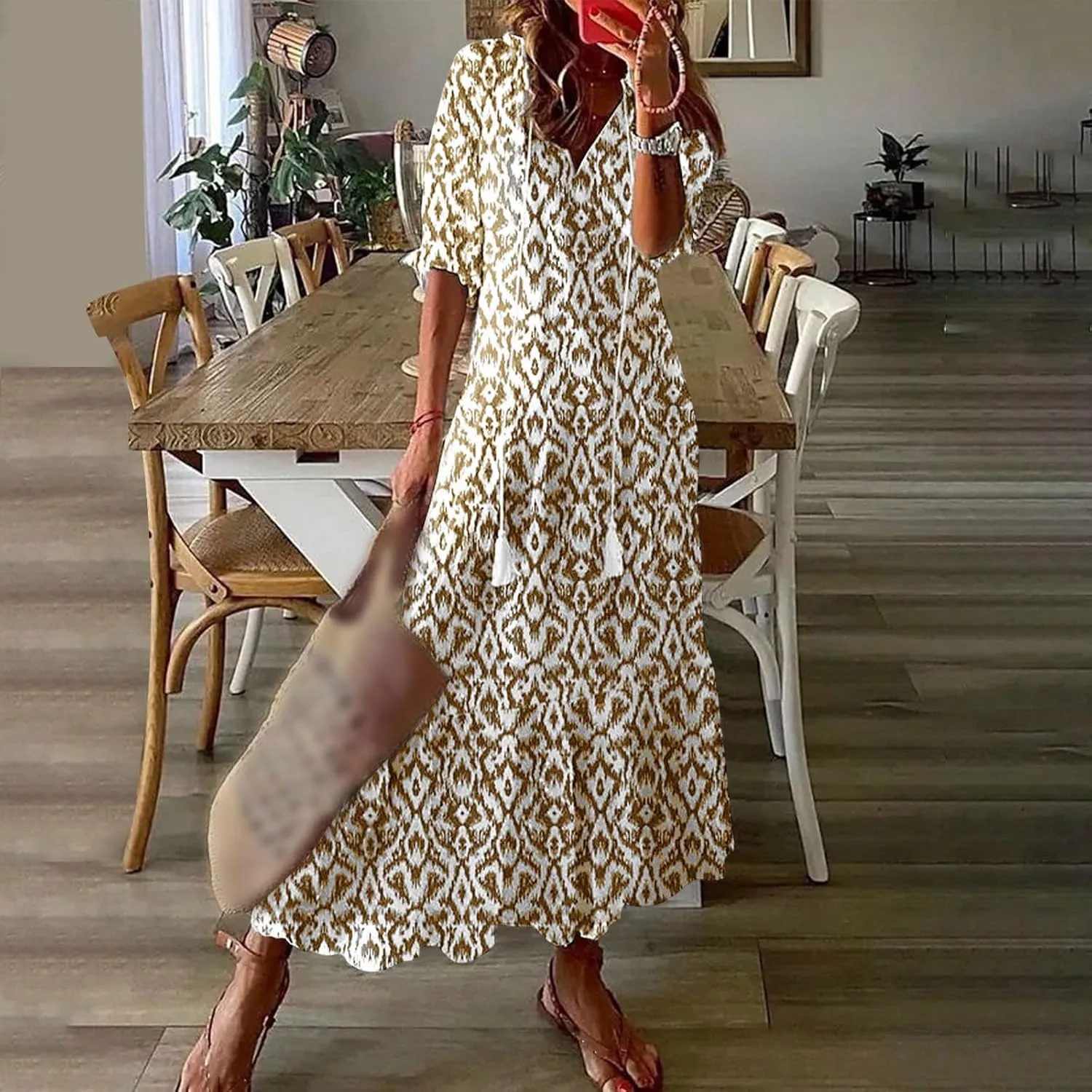 Womens Maxi Dress Summer Boho Floral V Neck Short Sleeve Tassel Flowy Dress Casual Flowy A Line Beach Long Dresses
