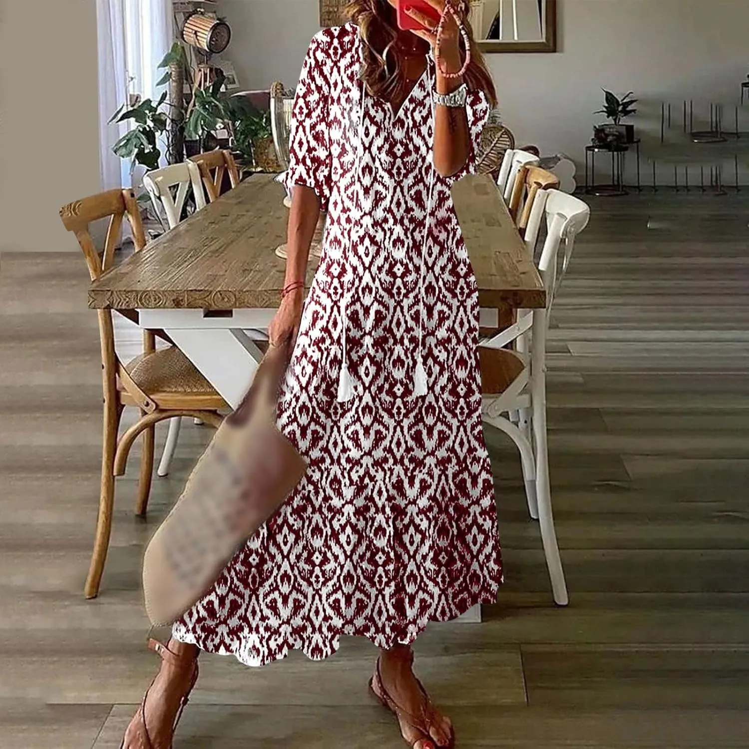 Womens Maxi Dress Summer Boho Floral V Neck Short Sleeve Tassel Flowy Dress Casual Flowy A Line Beach Long Dresses