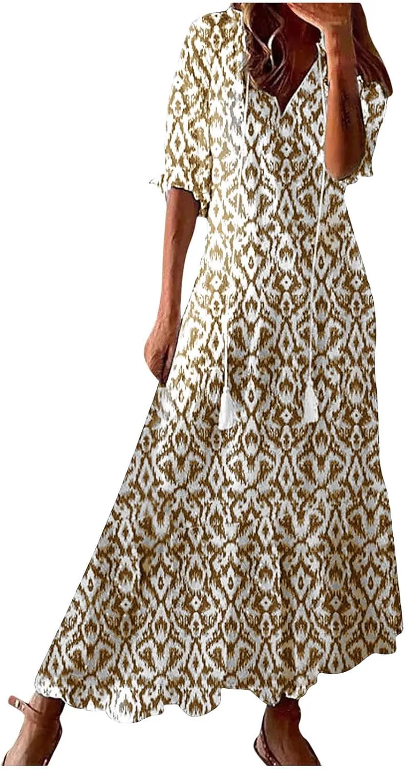 Womens Maxi Dress Summer Boho Floral V Neck Short Sleeve Tassel Flowy Dress Casual Flowy A Line Beach Long Dresses