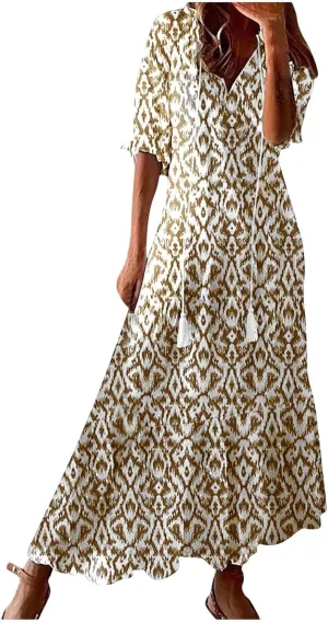 Womens Maxi Dress Summer Boho Floral V Neck Short Sleeve Tassel Flowy Dress Casual Flowy A Line Beach Long Dresses