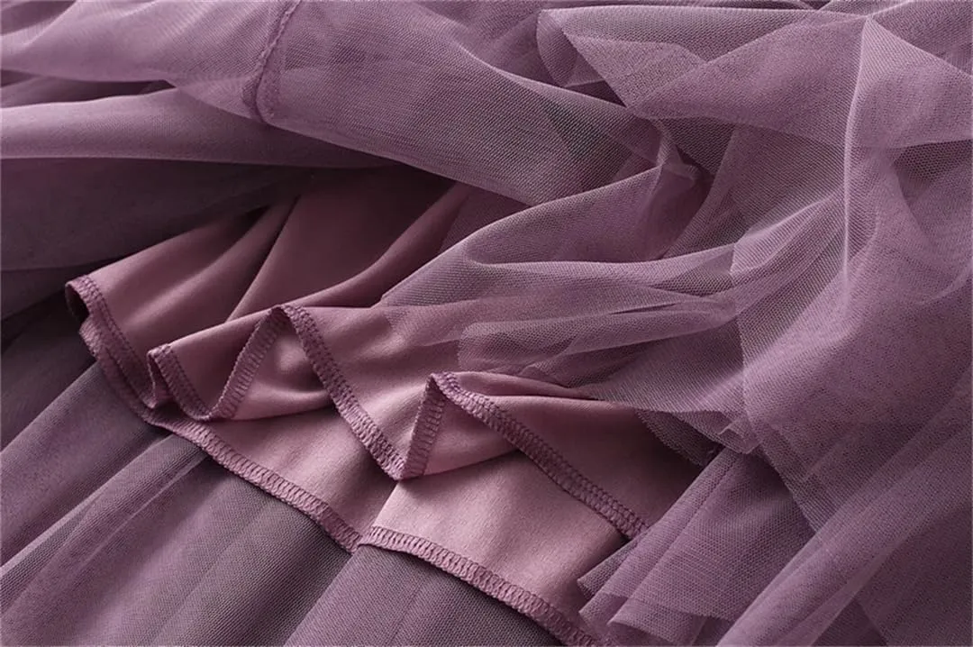 Women's Mesh Tulle Skirt Elastic High Waist A-Line Solid Color Pleated Casual Midi Skirts