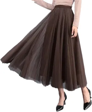Women's Mesh Tulle Skirt Elastic High Waist A-Line Solid Color Pleated Casual Midi Skirts