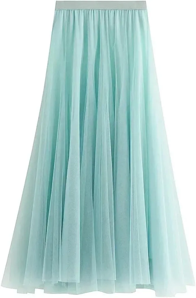Women's Mesh Tulle Skirt Elastic High Waist A-Line Solid Color Pleated Casual Midi Skirts