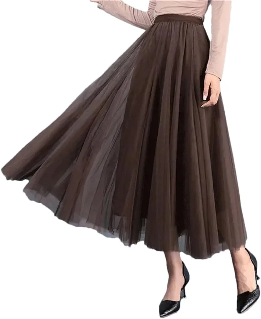 Women's Mesh Tulle Skirt Elastic High Waist A-Line Solid Color Pleated Casual Midi Skirts