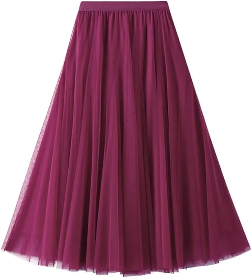 Women's Mesh Tulle Skirt Elastic High Waist A-Line Solid Color Pleated Casual Midi Skirts