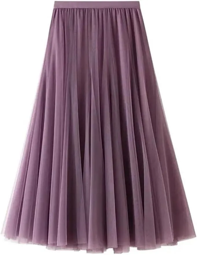 Women's Mesh Tulle Skirt Elastic High Waist A-Line Solid Color Pleated Casual Midi Skirts
