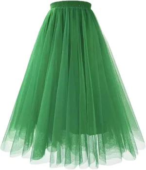 Women's Mesh Tulle Skirt Pleated A-Line Multi-Layer Solid Color Casual Prom Midi Skirts