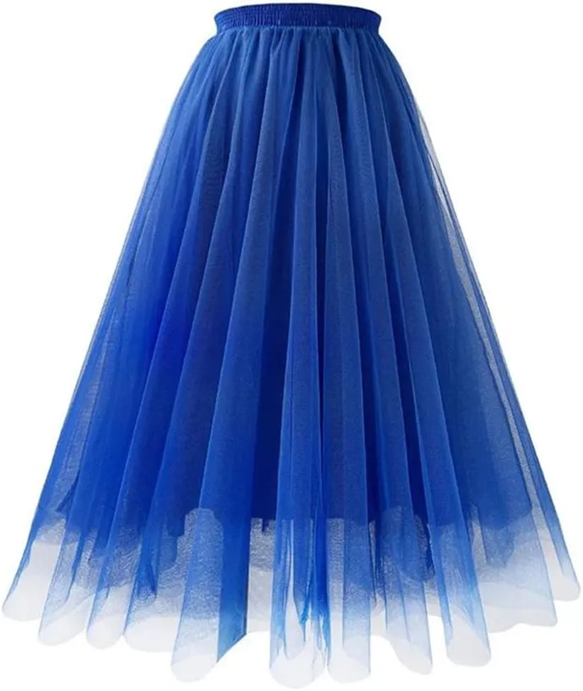Women's Mesh Tulle Skirt Pleated A-Line Multi-Layer Solid Color Casual Prom Midi Skirts