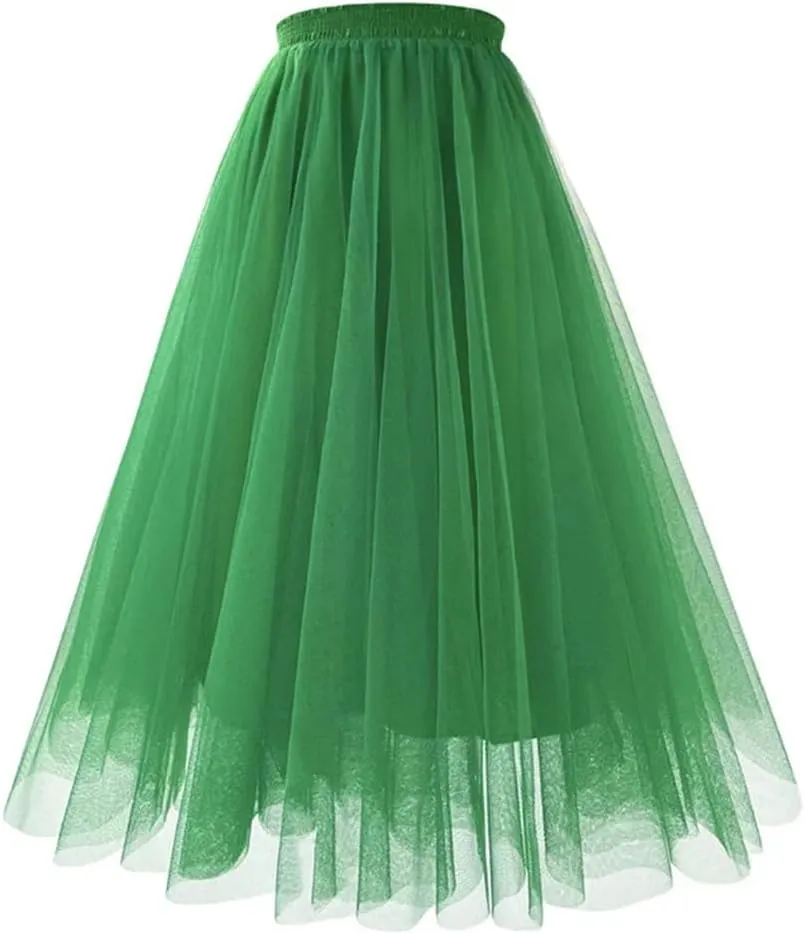 Women's Mesh Tulle Skirt Pleated A-Line Multi-Layer Solid Color Casual Prom Midi Skirts