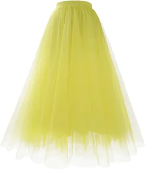 Women's Mesh Tulle Skirt Pleated A-Line Multi-Layer Solid Color Casual Prom Midi Skirts
