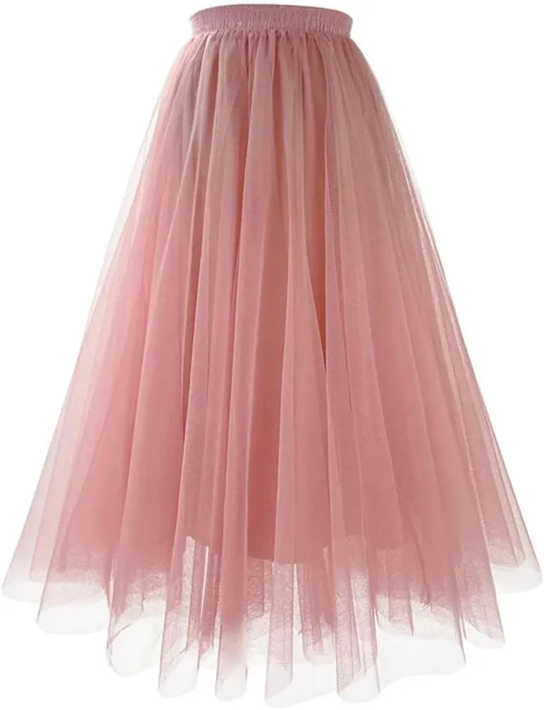 Women's Mesh Tulle Skirt Pleated A-Line Multi-Layer Solid Color Casual Prom Midi Skirts