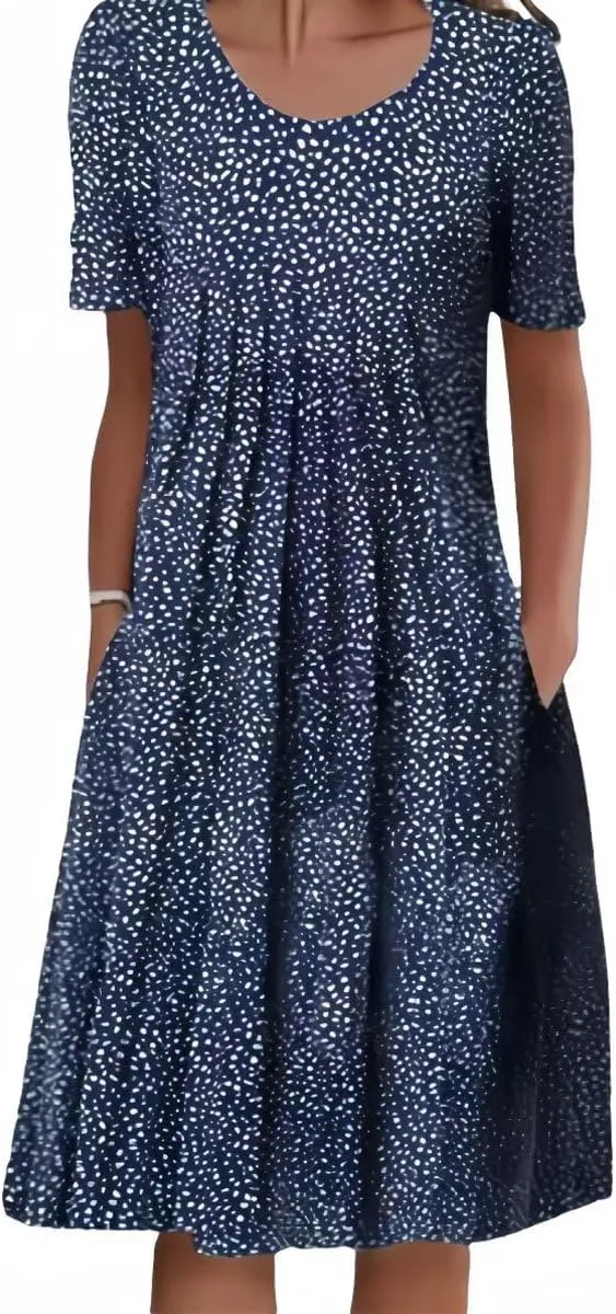 Womens Midi Dress Boho Crewneck 2025 Loose Fit Trendy Pleated Shirt Dress Vintage Floral Vestidos