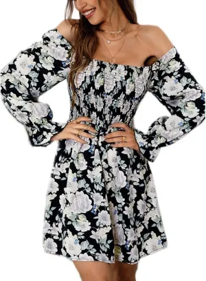 Womens Off Shoulder Floral Print Mini Dress Elastic High Waist Ruffle Summer Dress Long Sleeves Square Neck Beach Dress (Black, Large)