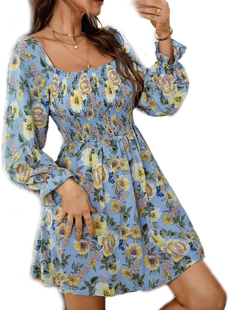 Womens Off Shoulder Floral Print Mini Dress Elastic High Waist Ruffle Summer Dress Long Sleeves Square Neck Beach Dress (Blue, X-Large)