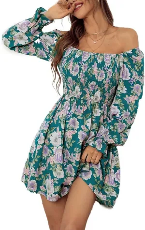 Womens Off Shoulder Floral Print Mini Dress Elastic High Waist Ruffle Summer Dress Long Sleeves Square Neck Beach Dress (Green, Medium)