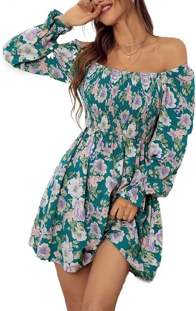 Womens Off Shoulder Floral Print Mini Dress Elastic High Waist Ruffle Summer Dress Long Sleeves Square Neck Beach Dress (Green, Medium)