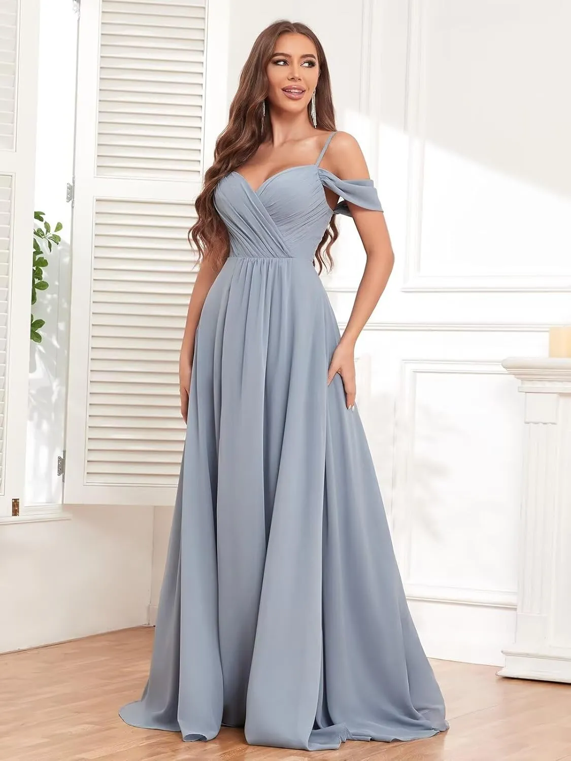 Women's Off The Shoulder Bridesmaid Dresses with Pockets Long Chiffon Wedding Guest Dress with Slit