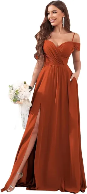 Women's Off The Shoulder Bridesmaid Dresses with Pockets Long Chiffon Wedding Guest Dress with Slit