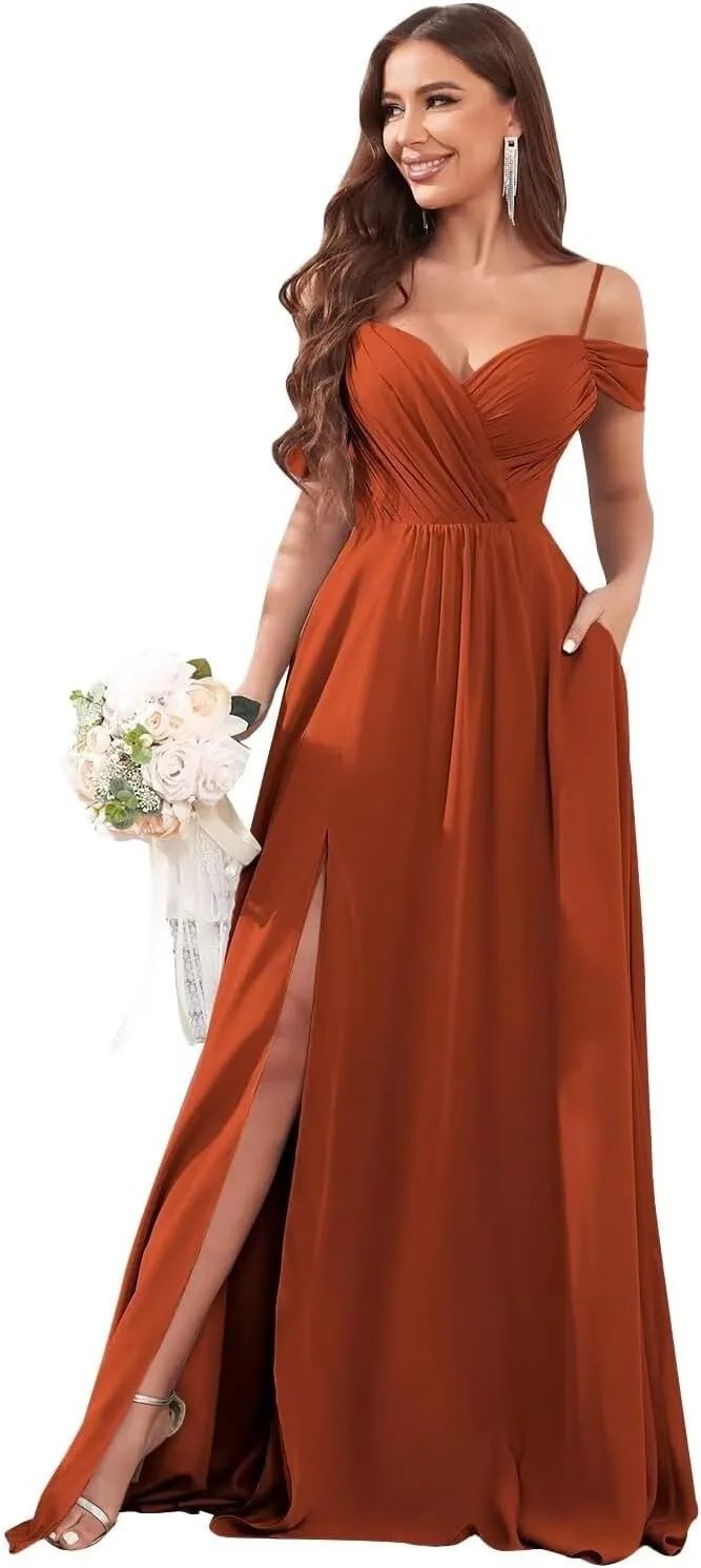 Women's Off The Shoulder Bridesmaid Dresses with Pockets Long Chiffon Wedding Guest Dress with Slit