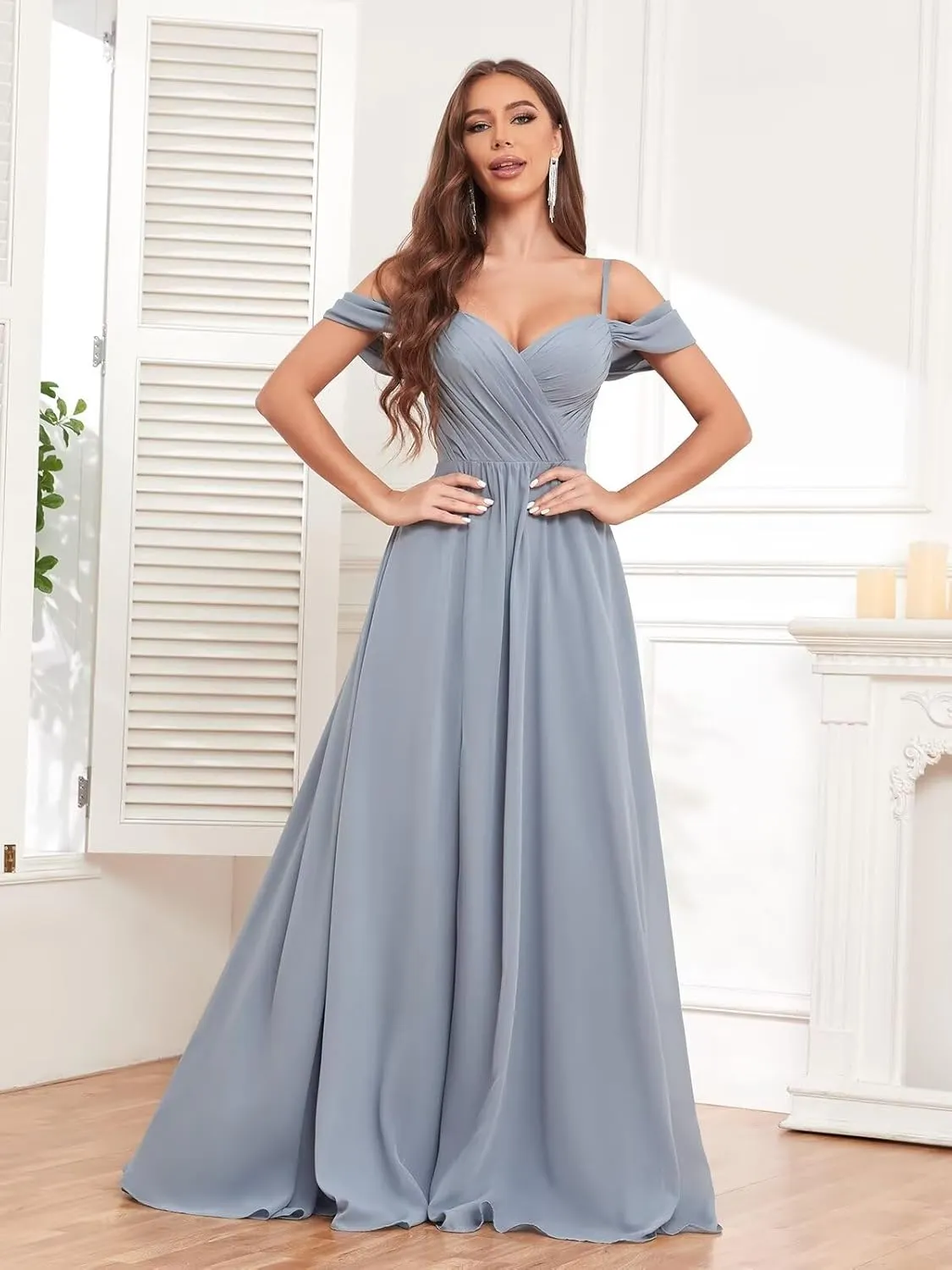 Women's Off The Shoulder Bridesmaid Dresses with Pockets Long Chiffon Wedding Guest Dress with Slit