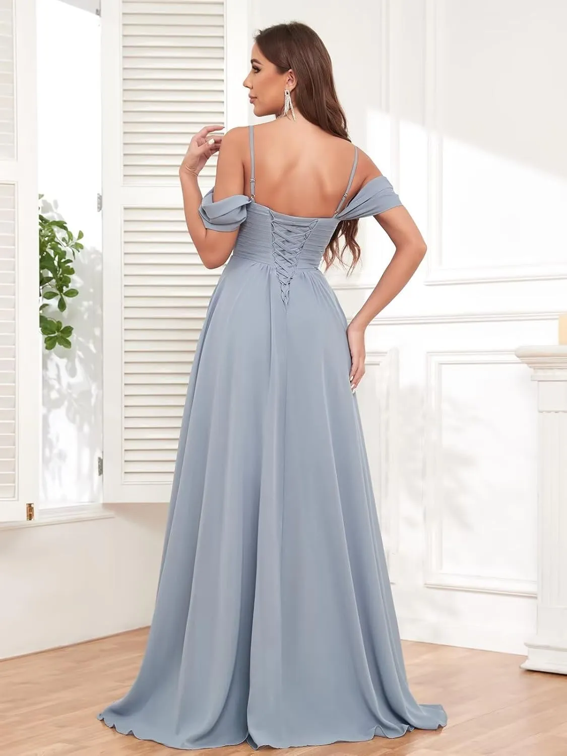 Women's Off The Shoulder Bridesmaid Dresses with Pockets Long Chiffon Wedding Guest Dress with Slit