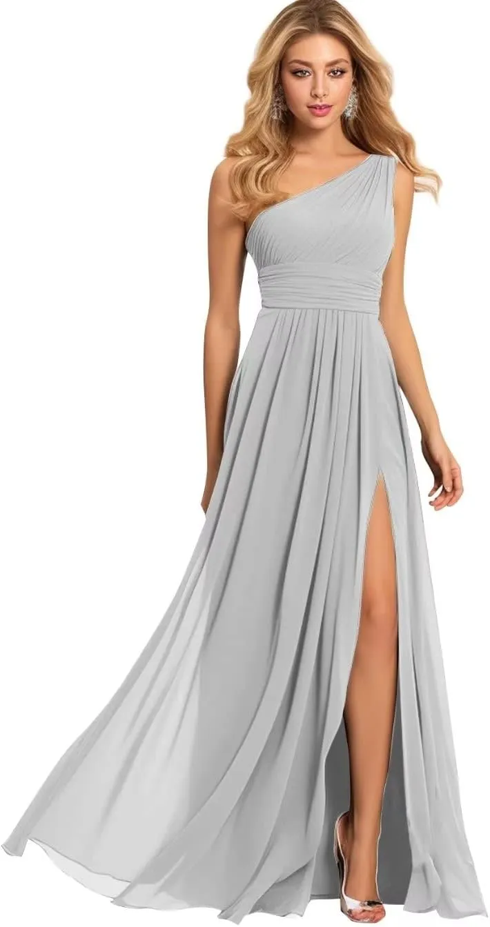 Women's One Shoulder Bridesmaid Dresses for Wedding Chiffon Pleated Prom Dress with Slit Wedding Party Gowns