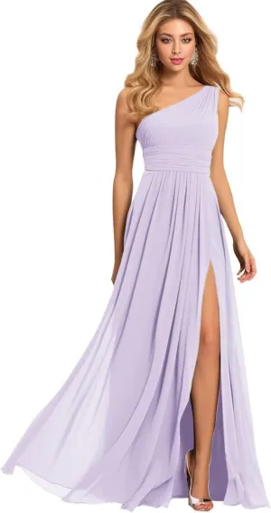 Women's One Shoulder Bridesmaid Dresses for Wedding Chiffon Pleated Prom Dress with Slit Wedding Party Gowns
