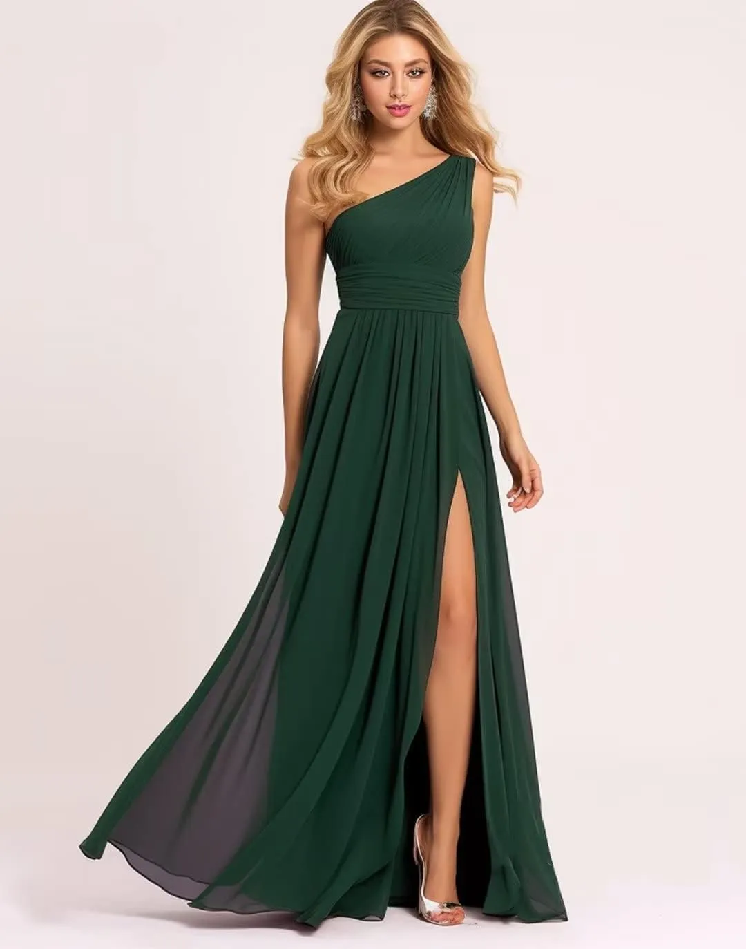 Women's One Shoulder Bridesmaid Dresses for Wedding Chiffon Pleated Prom Dress with Slit Wedding Party Gowns