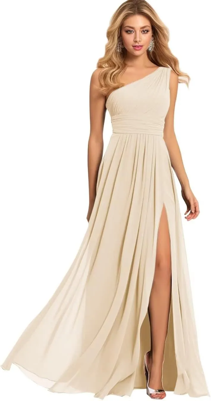 Women's One Shoulder Bridesmaid Dresses for Wedding Chiffon Pleated Prom Dress with Slit Wedding Party Gowns