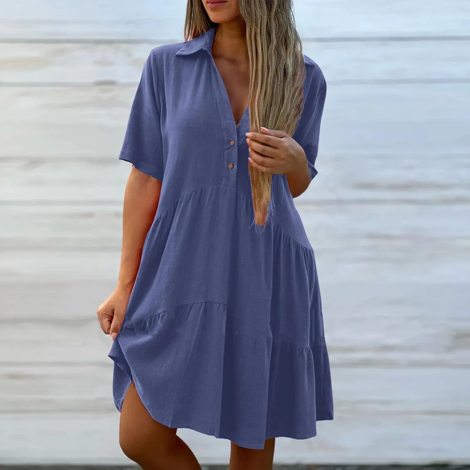 Women's Pleated Flowy T Shirt Dresses Plus Size V Neck Button Up Short Sleeve Midi Dress Loose Fit Tiered Sundress
