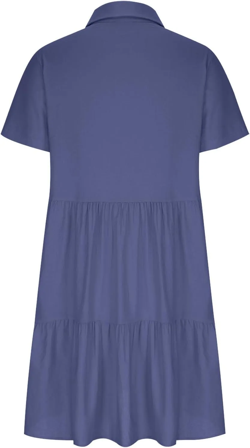 Women's Pleated Flowy T Shirt Dresses Plus Size V Neck Button Up Short Sleeve Midi Dress Loose Fit Tiered Sundress
