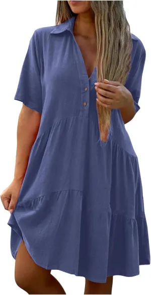 Women's Pleated Flowy T Shirt Dresses Plus Size V Neck Button Up Short Sleeve Midi Dress Loose Fit Tiered Sundress