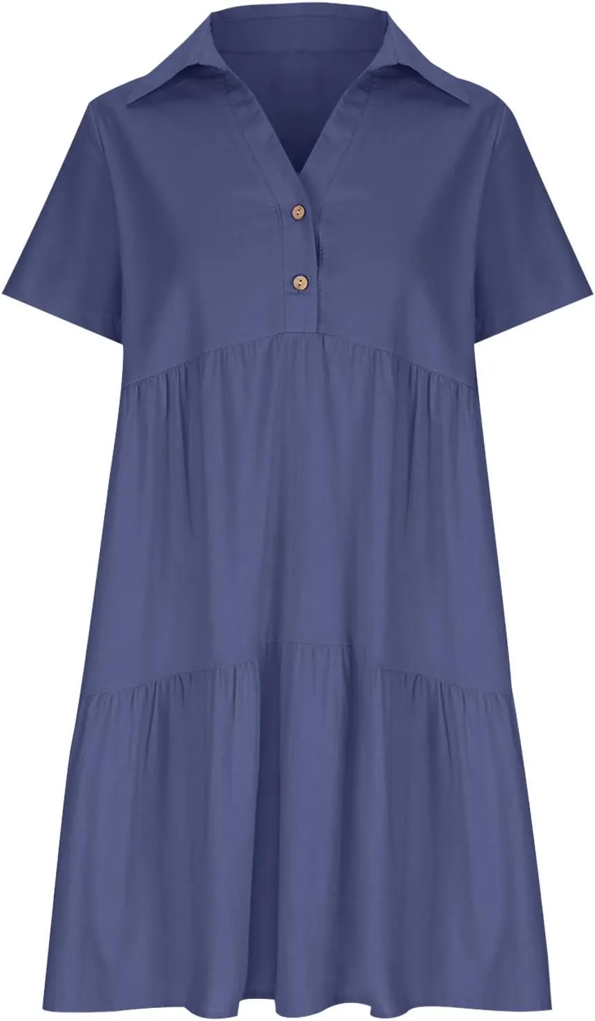 Women's Pleated Flowy T Shirt Dresses Plus Size V Neck Button Up Short Sleeve Midi Dress Loose Fit Tiered Sundress