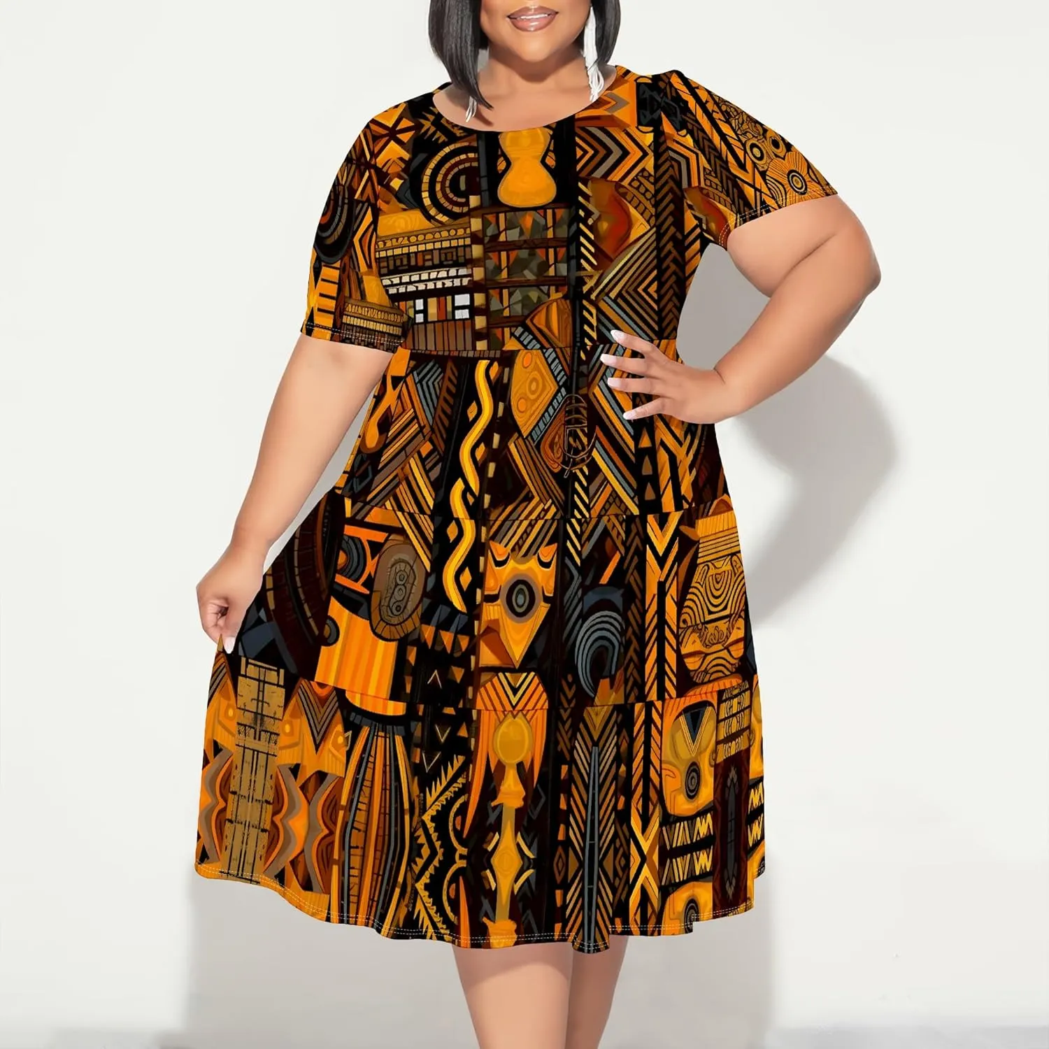 Women's Plus Size Casual Summer Layered Dress Short Sleeves Round Neck Ruffle Hem Loose Flowy Midi Babydoll Dress