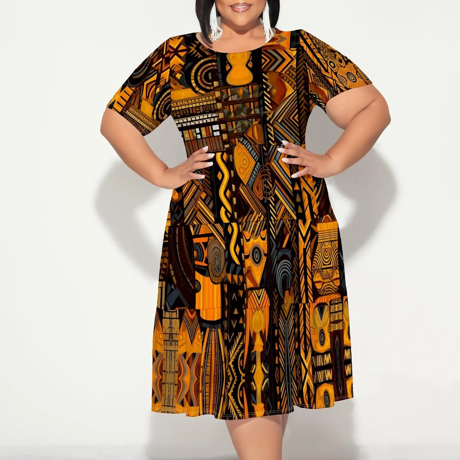 Women's Plus Size Casual Summer Layered Dress Short Sleeves Round Neck Ruffle Hem Loose Flowy Midi Babydoll Dress
