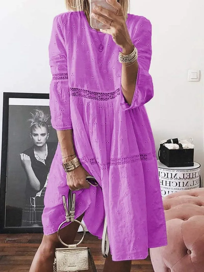 Womens Plus Size Midi Boho Solid Dress 3/4 Sleeve Crew Neck Beach Dress Flowy Swing Summer Dresses Up to 5XL