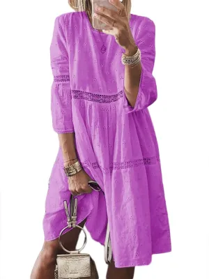 Womens Plus Size Midi Boho Solid Dress 3/4 Sleeve Crew Neck Beach Dress Flowy Swing Summer Dresses Up to 5XL