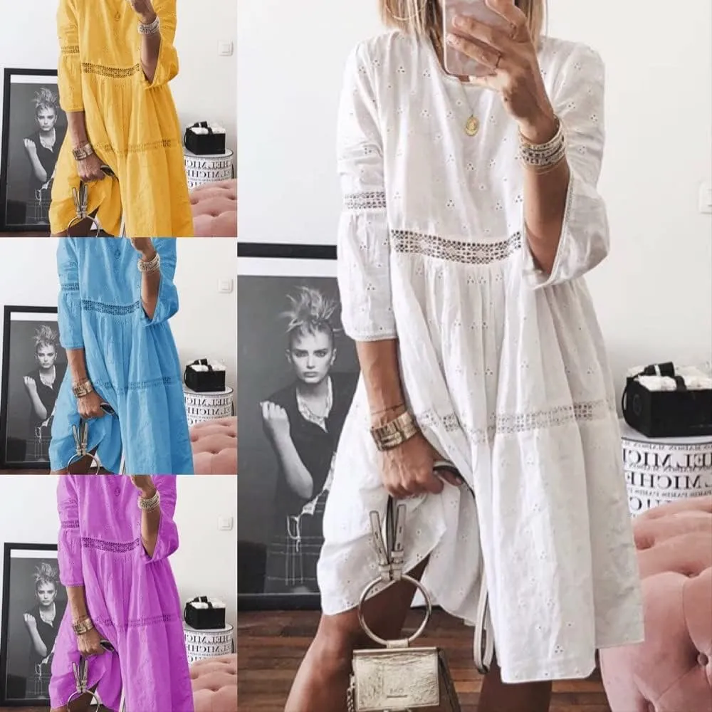 Womens Plus Size Midi Boho Solid Dress 3/4 Sleeve Crew Neck Beach Dress Flowy Swing Summer Dresses Up to 5XL