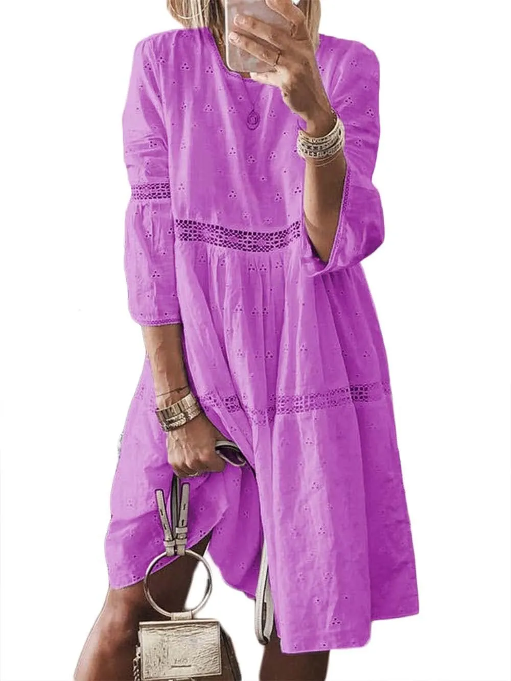 Womens Plus Size Midi Boho Solid Dress 3/4 Sleeve Crew Neck Beach Dress Flowy Swing Summer Dresses Up to 5XL