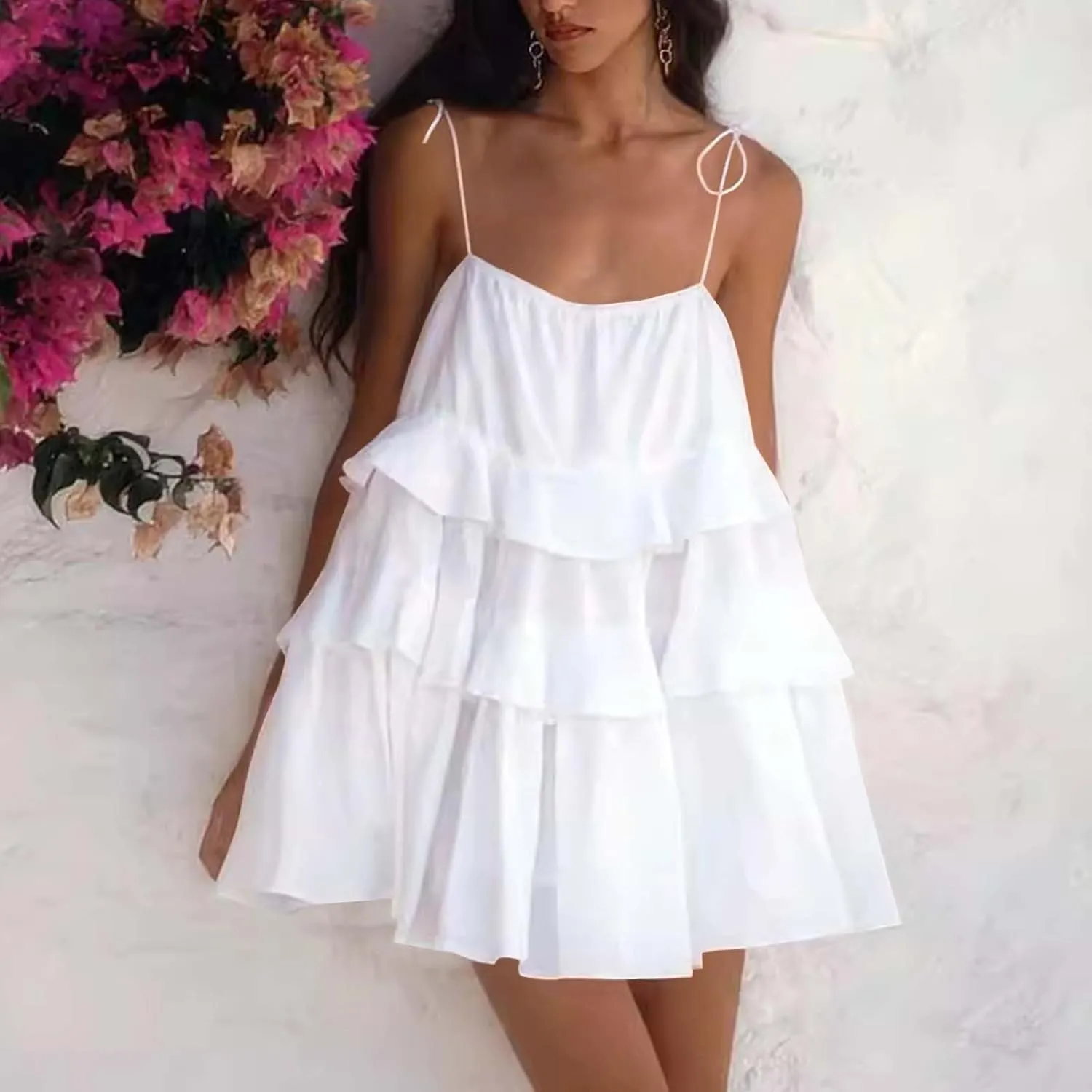 Women's Plus Size Ruffle Hem Cami Mini Dress Square Neck Spaghetti Strap A Line Swing Flowy Spring Summer Loose Short Dresses